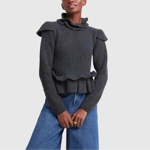 GANNI Cutout Ruffled Ribbed Open Back Wool-blend Sweater